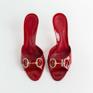 SOLD— Gucci Red + Gold Horsebit Open Toe Heels